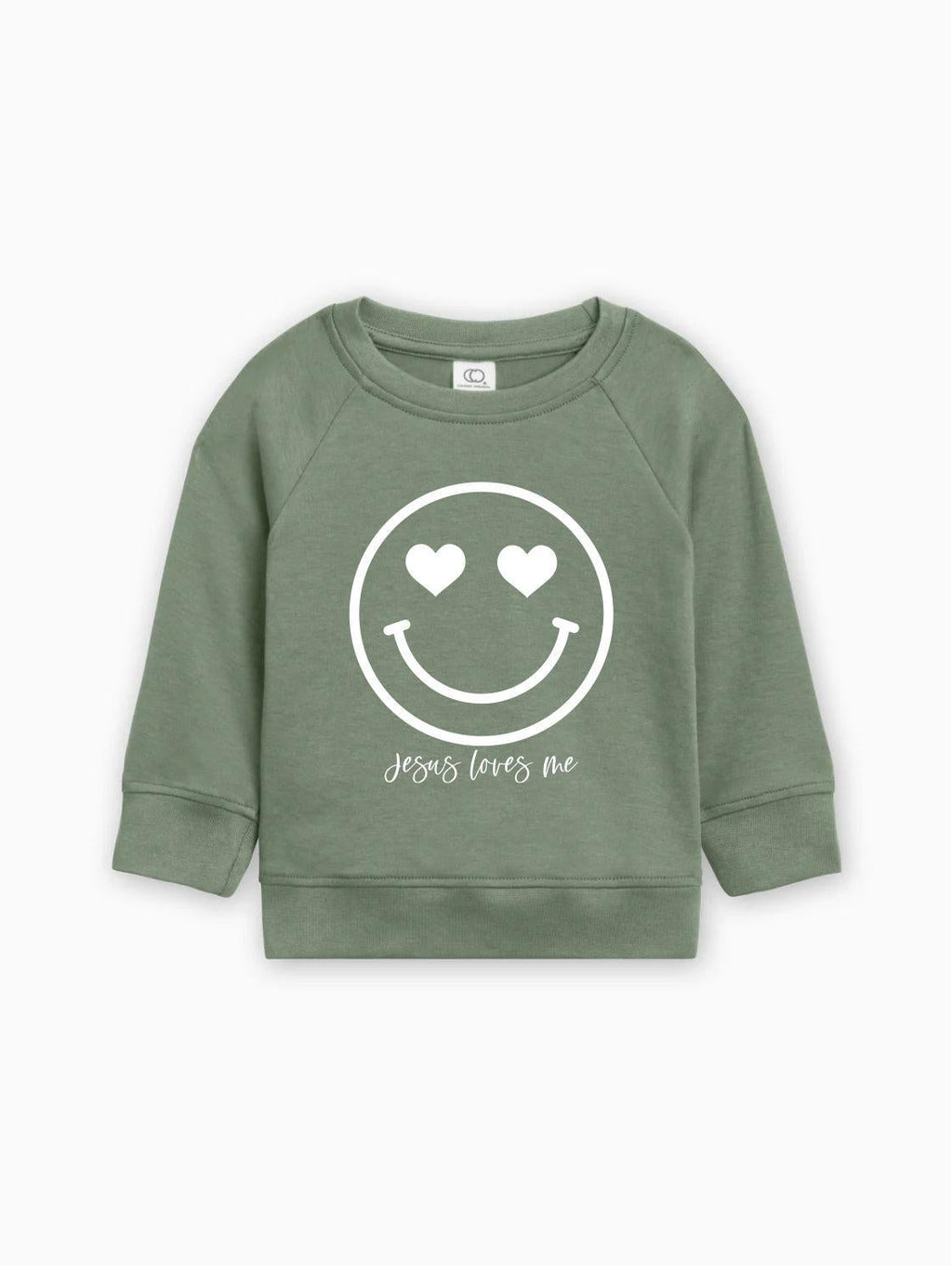 Green kids organic cotton pullover with white heart smiley graphic and 'Jesus loves me'