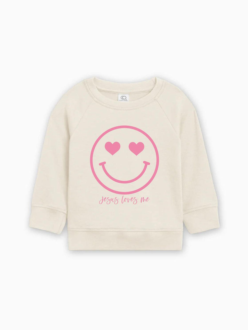 Cream kids organic cotton pullover with pink heart smiley graphic and 'Jesus loves me'