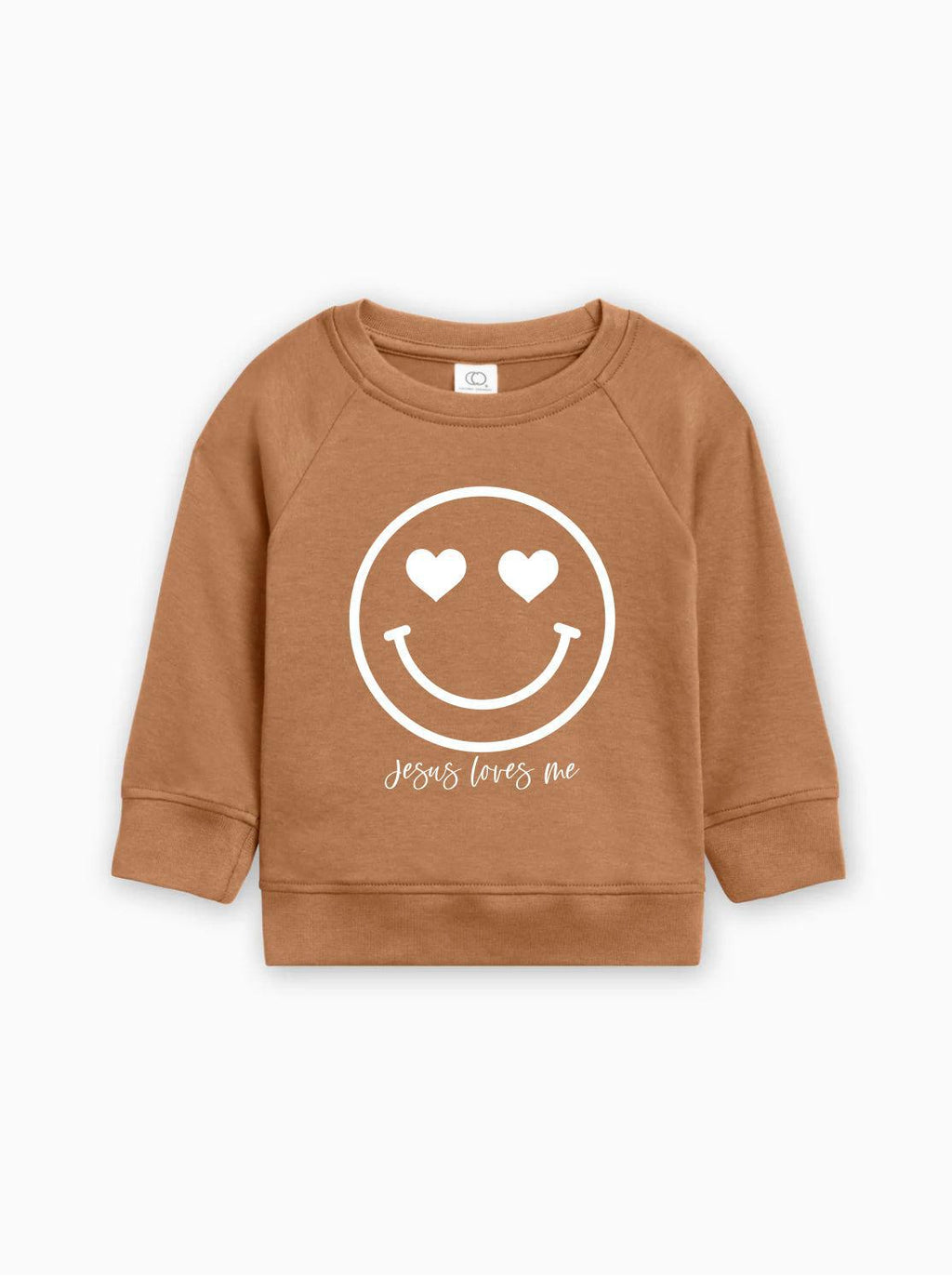 Brown kids organic cotton pullover with white heart smiley graphic and 'Jesus loves me'