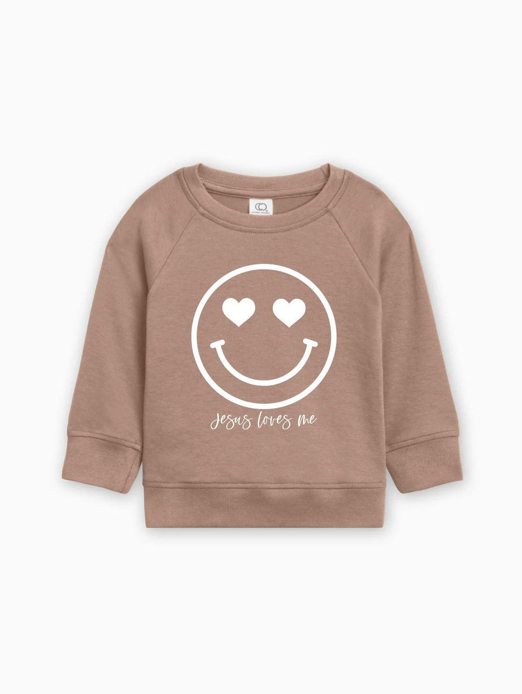 Taupe kids organic cotton pullover with white heart smiley graphic and 'Jesus loves me'
