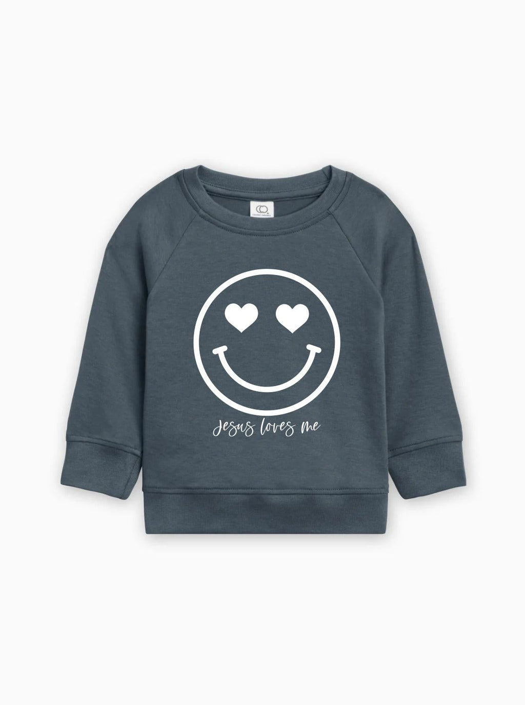 Navy kids organic cotton pullover with white heart smiley graphic and 'Jesus loves me'