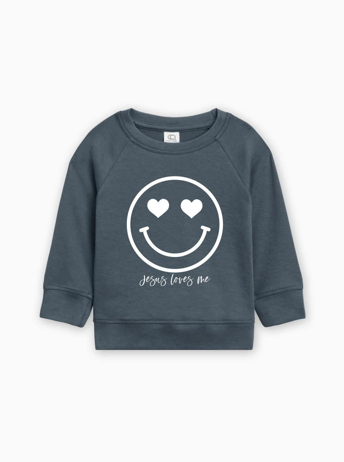 Navy kids organic cotton pullover with white heart smiley graphic and 'Jesus loves me'