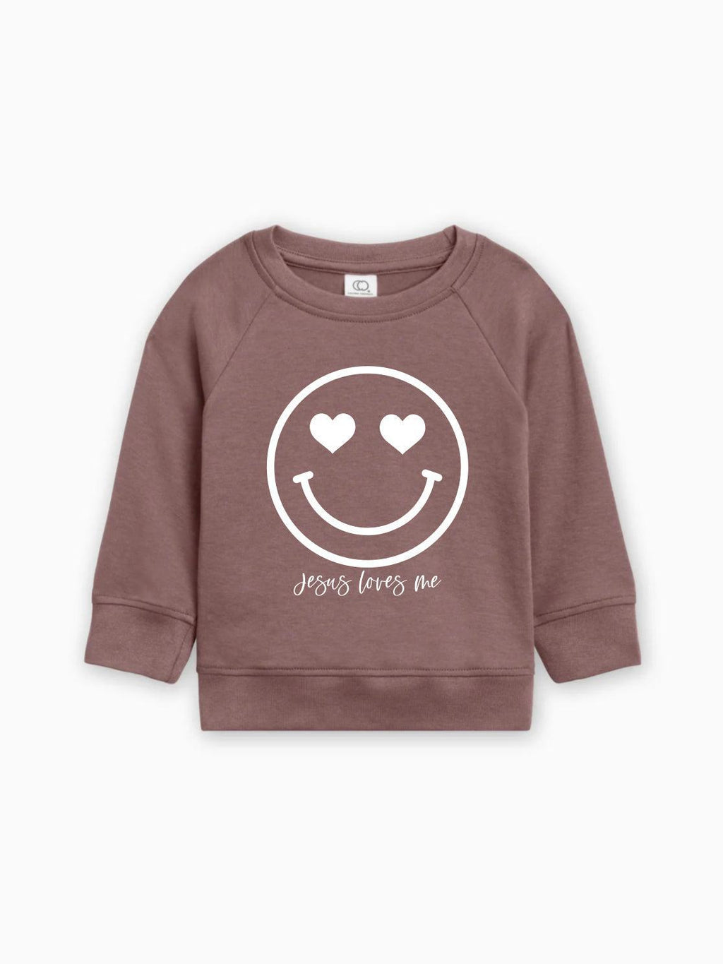 Mauve kids organic cotton pullover with white heart smiley graphic and 'Jesus loves me'