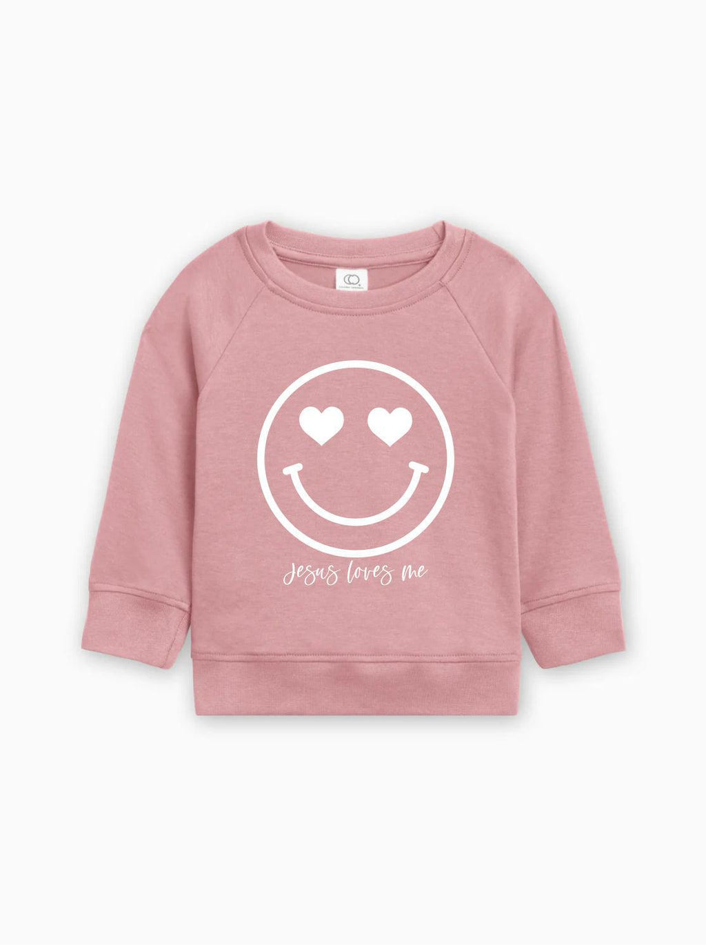 Pink kids organic cotton pullover with heart smiley graphic and 'Jesus loves me' text
