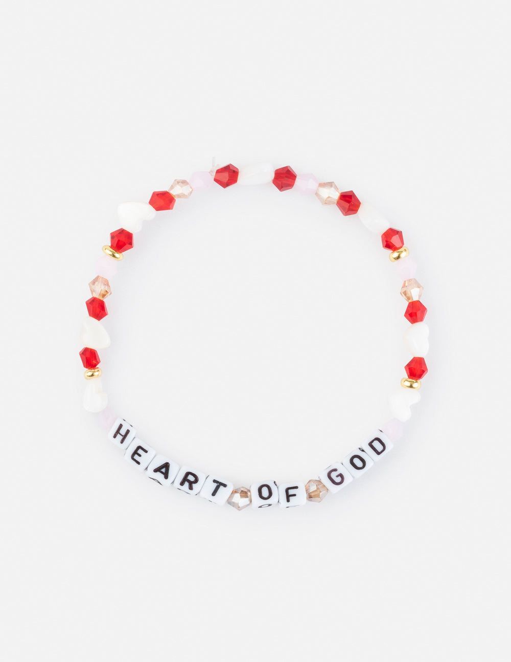Beaded bracelet with red beads and white letter charms spelling HEART OF GOD