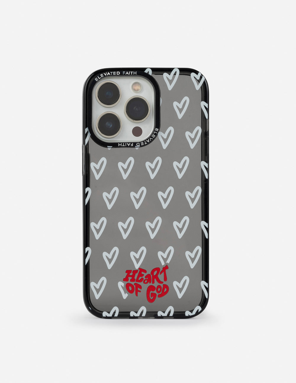 Phone case in black with repeating white hearts and red HEART OF GOD logo