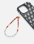 Beaded phone charm with red beads and white letter beads, gold heart clasp