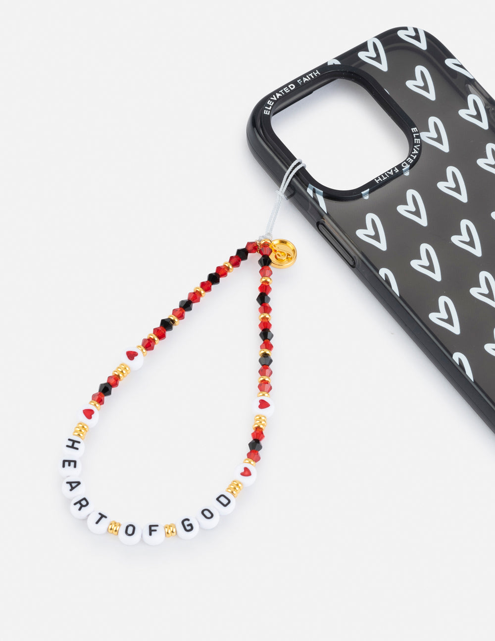 Beaded phone charm with red beads and white letter beads, gold heart clasp