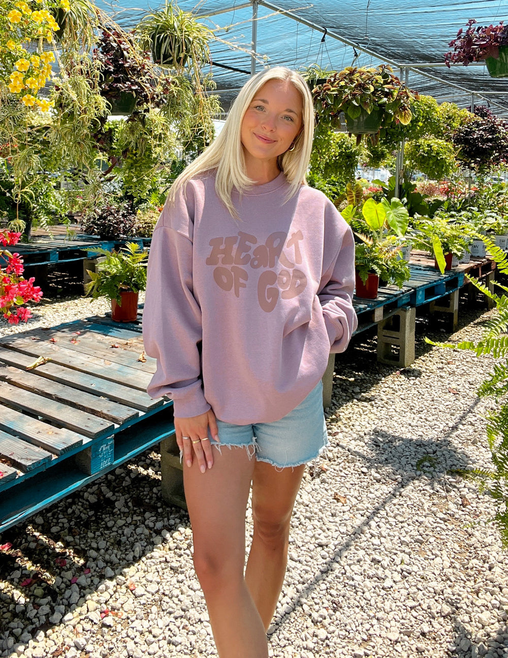 Mauve unisex crewneck sweatshirt with Heart of God front graphic