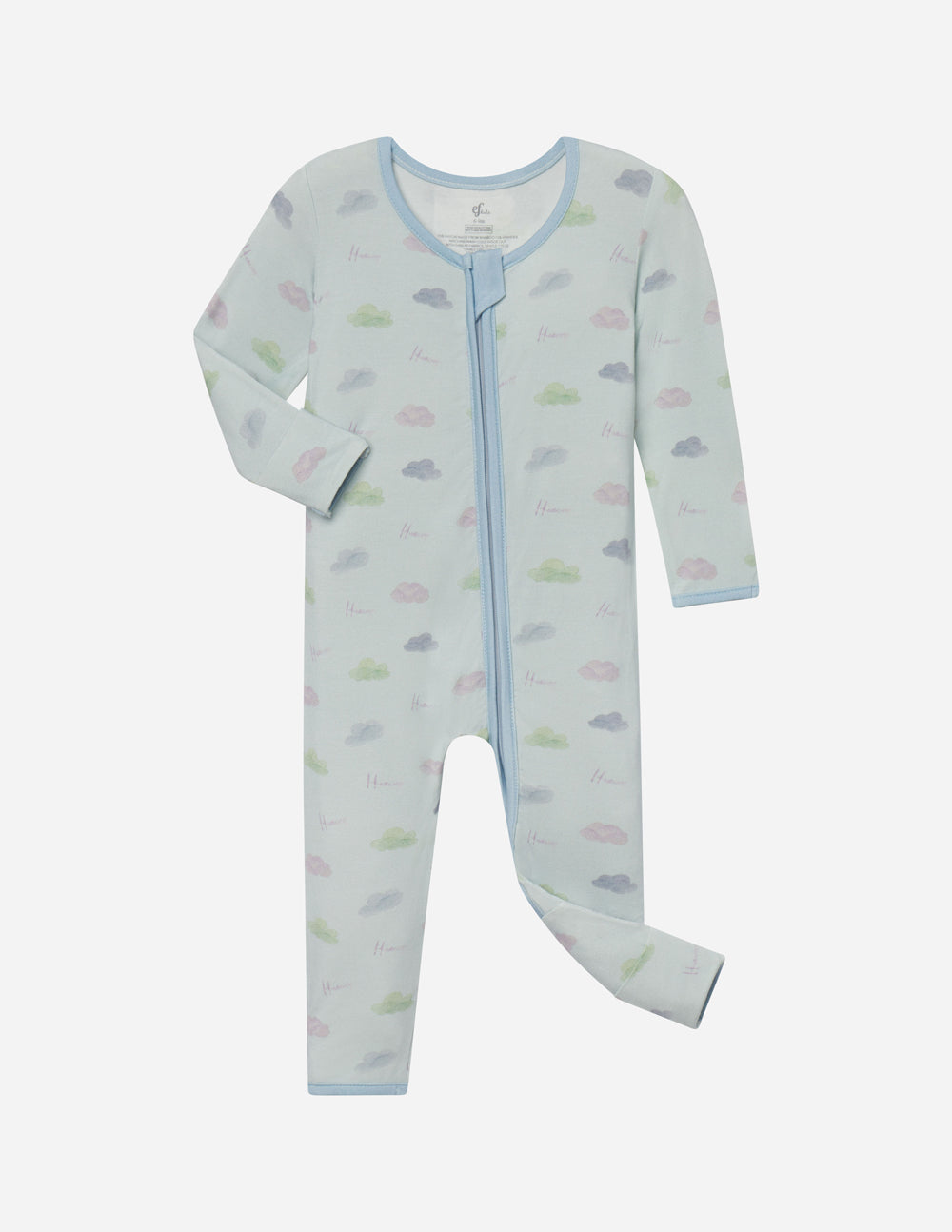 Light blue baby footed onesie with pastel icon print and front zipper, long sleeves