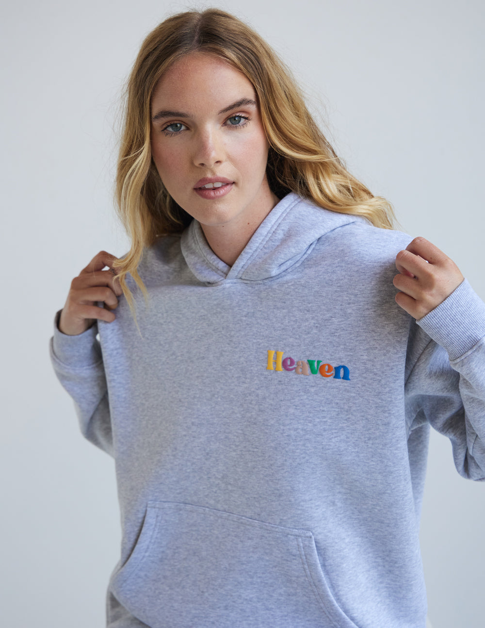 Heather grey unisex hoodie with hood and kangaroo pocket, Heaven logo across chest
