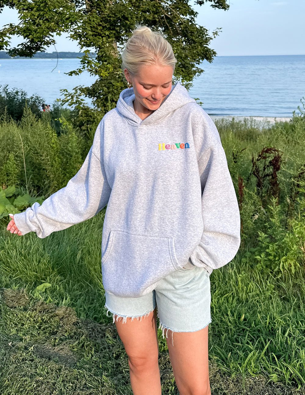 Heather grey unisex hoodie with hood and front kangaroo pocket, Heaven logo on chest