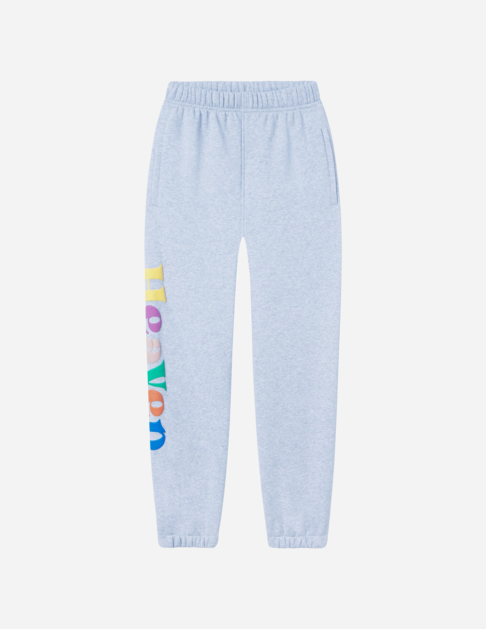 Heather grey sweatpants with elastic waistband and multicolor logo print on left leg