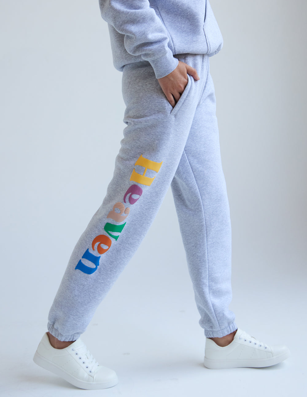 Heather grey sweatpants with multicolor 'Heaven' logo printed on leg