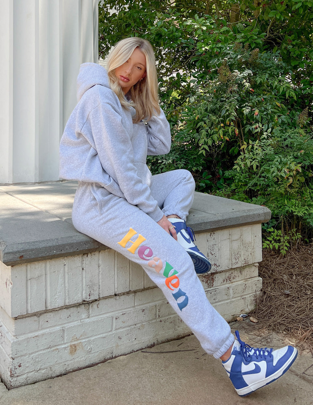Heather grey unisex sweatpants with multicolor 'Heaven' logo on left leg
