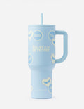 Light blue 40 oz tumbler with straight drinking straw and side handle, printed logos