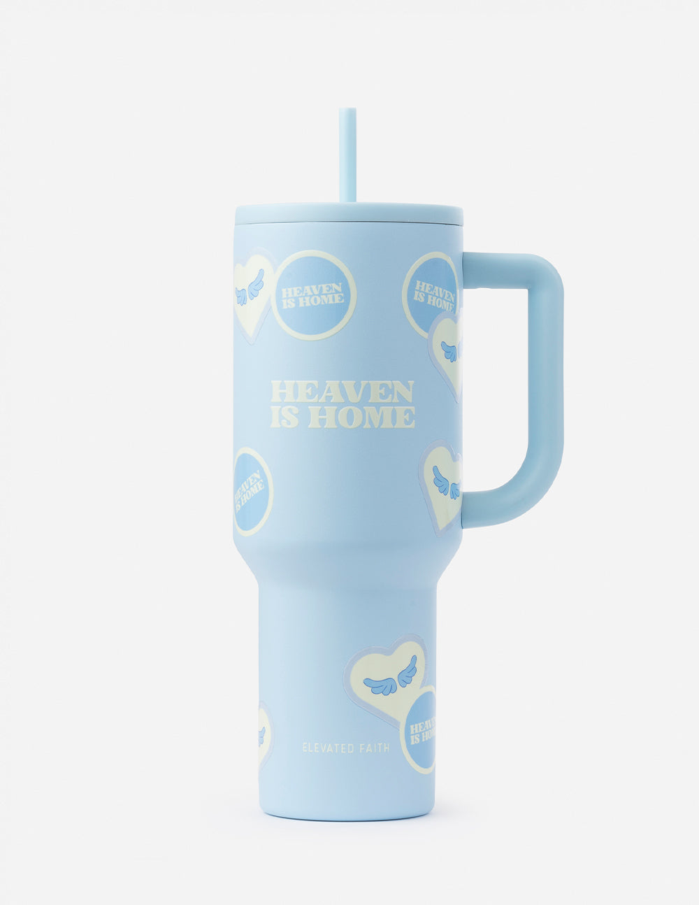 Light blue 40 oz tumbler with straight drinking straw and side handle, printed logos