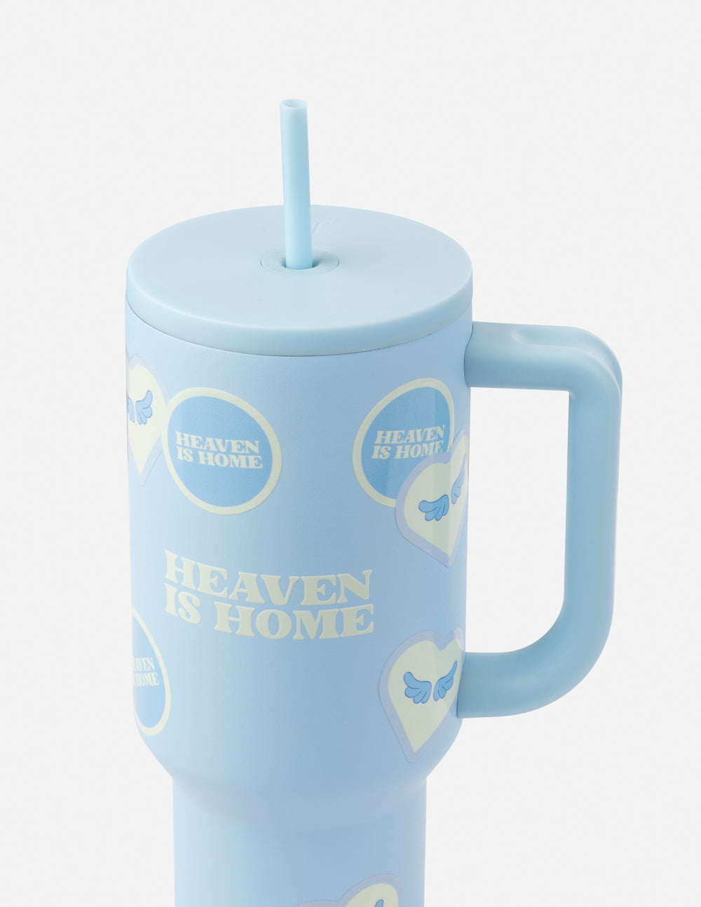 Light blue 40 oz tumbler with straw and side handle, front view