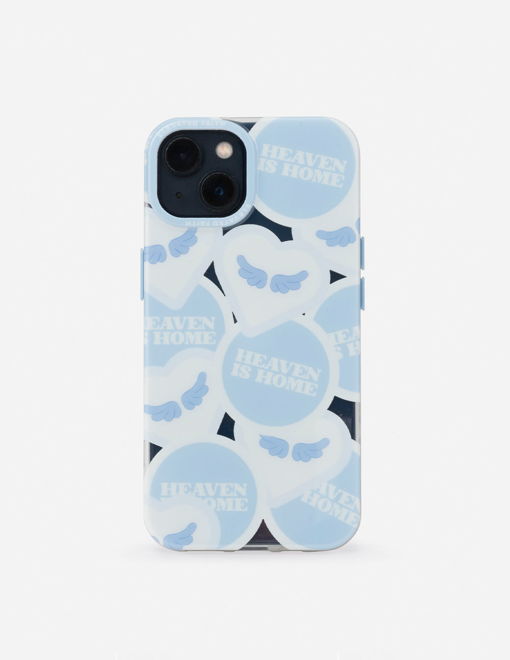 Light blue phone case with Heaven Is Home text and cloud shapes, front view