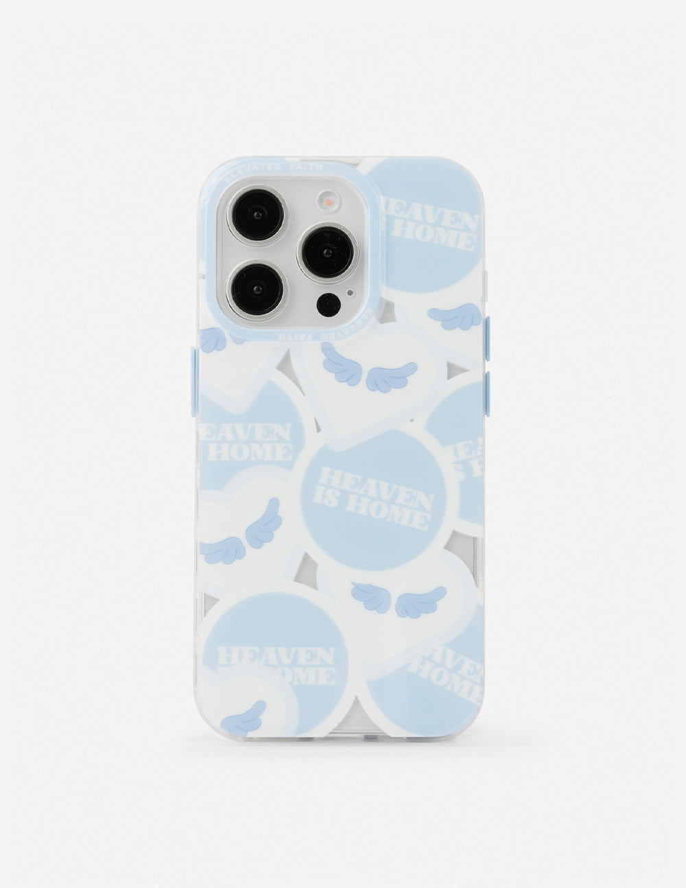 Light blue phone case with repeating Heaven Is Home text and cloud shapes