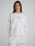 Unisex crewneck sweatshirt and matching sweatpants, heather gray with colorful prints