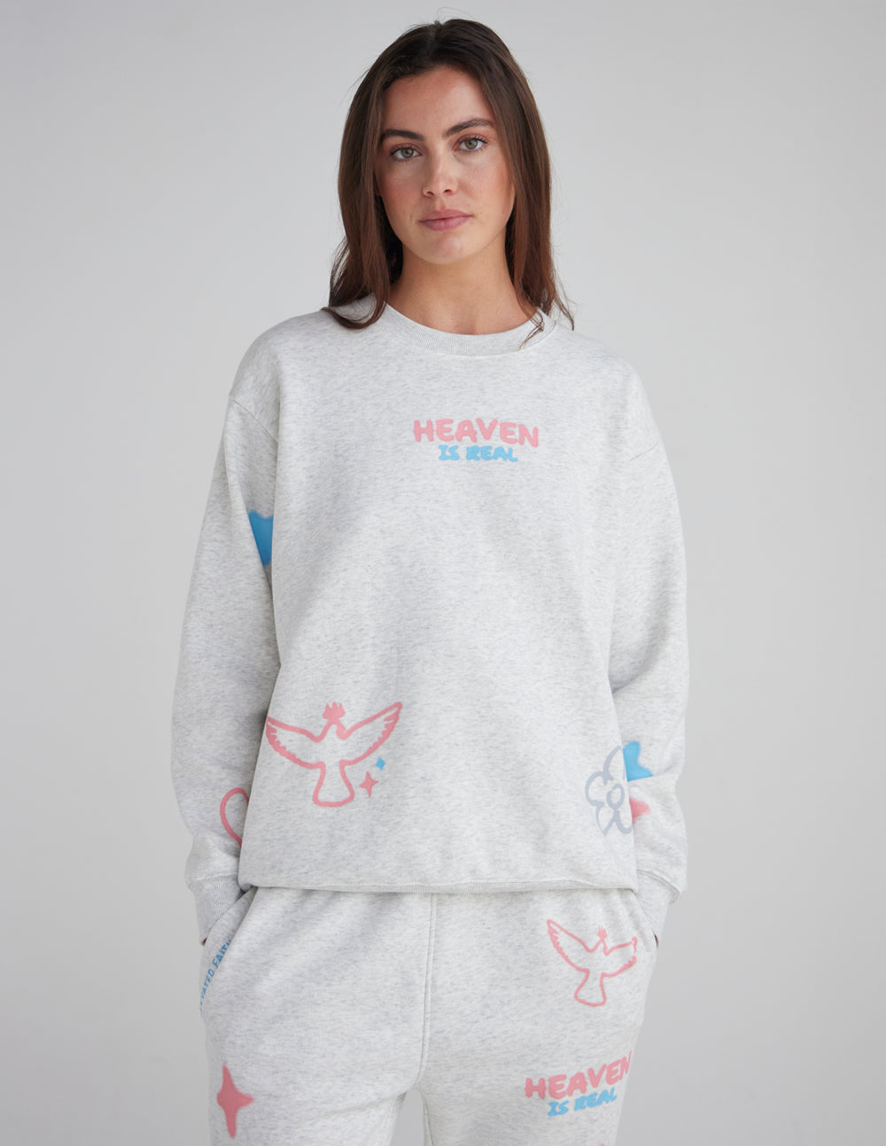 Unisex crewneck sweatshirt and matching sweatpants, heather gray with colorful prints