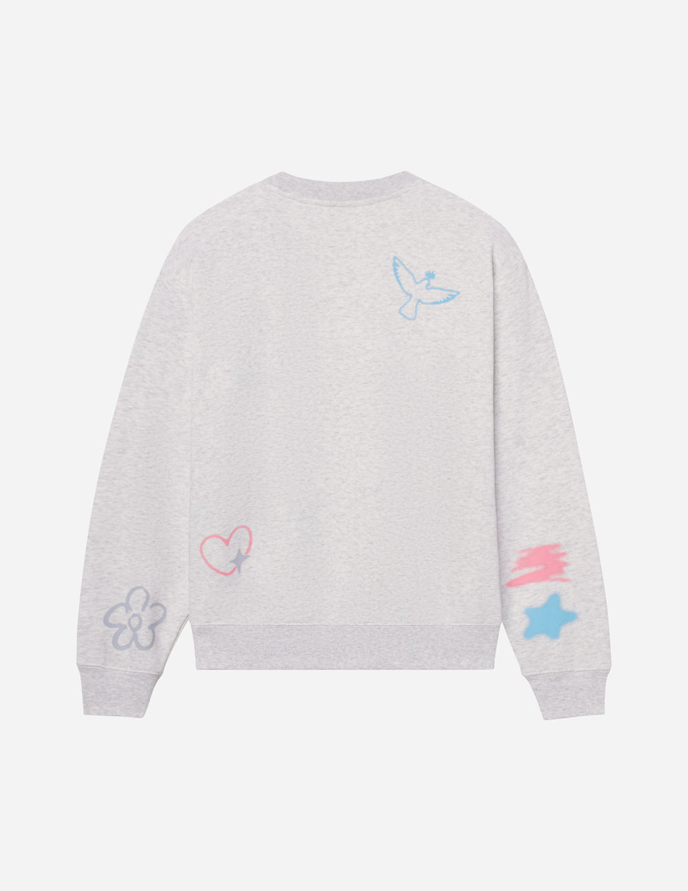Unisex crewneck sweatshirt, light heather gray with colorful back doodle graphics