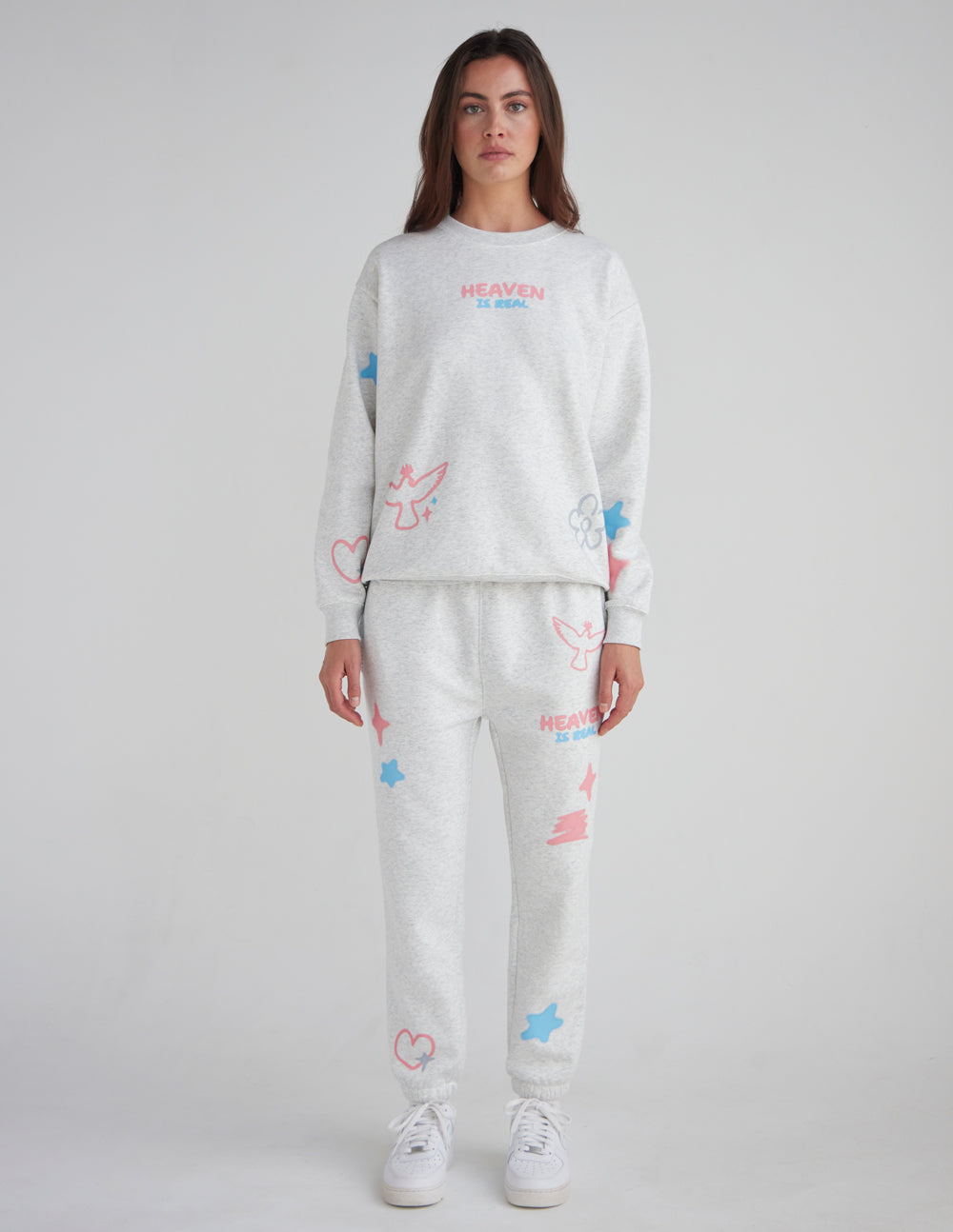 Unisex crewneck sweatshirt and matching sweatpants, heather gray with multicolor graphics