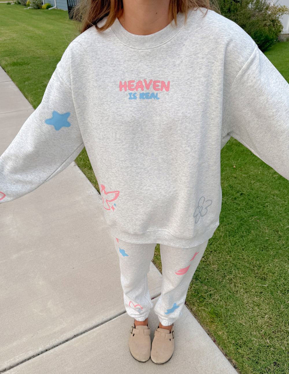 Unisex crewneck sweatshirt and matching sweatpants, heather gray with colorful icons