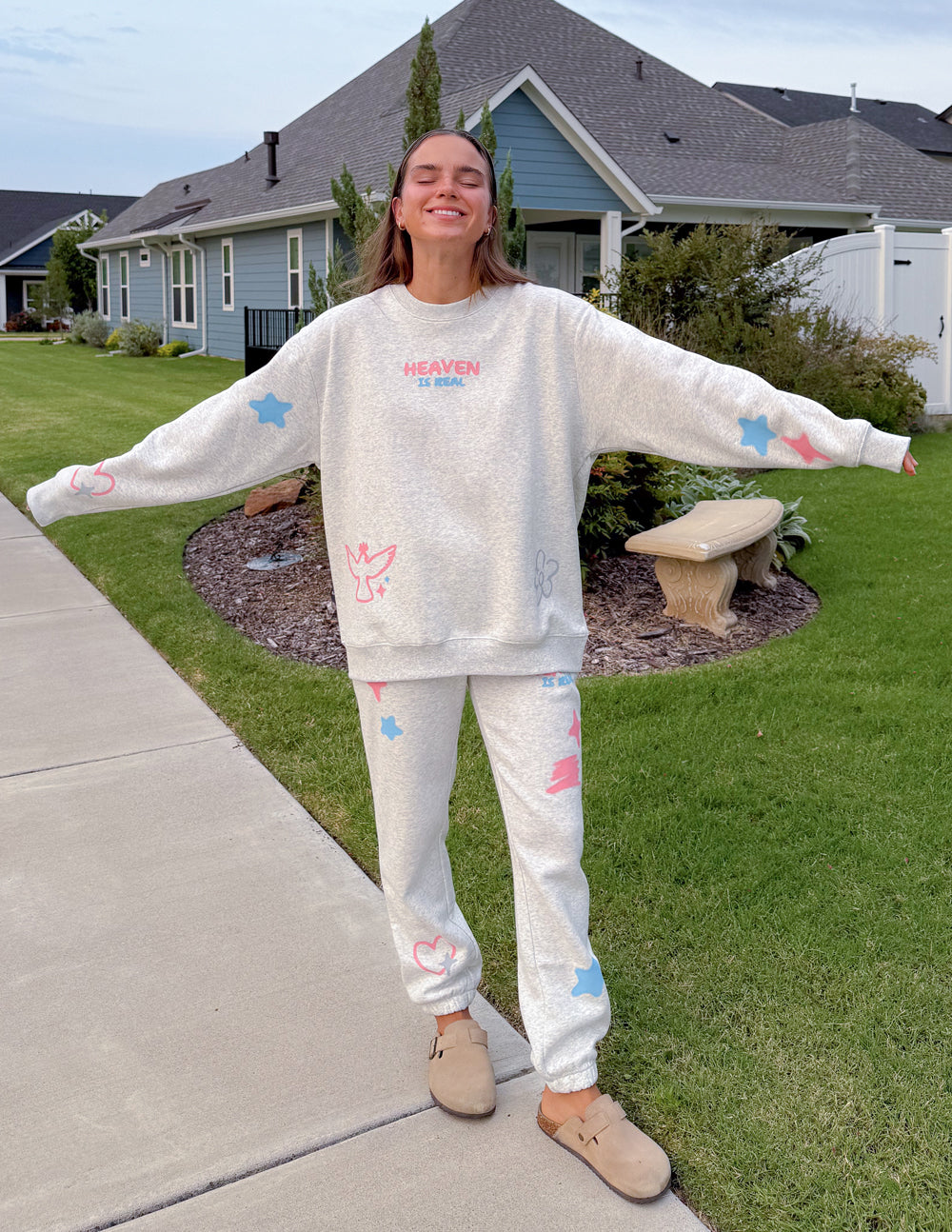 Unisex crewneck sweatshirt set, heather gray with colorful star and heart prints