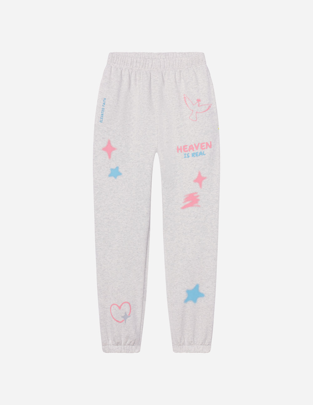 Light gray unisex sweatpants, flat lay, with pastel star, heart, and butterfly prints