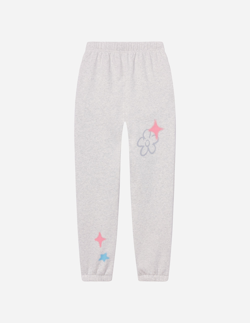 Light gray unisex sweatpants, flat lay, with pastel star and flower prints on the legs