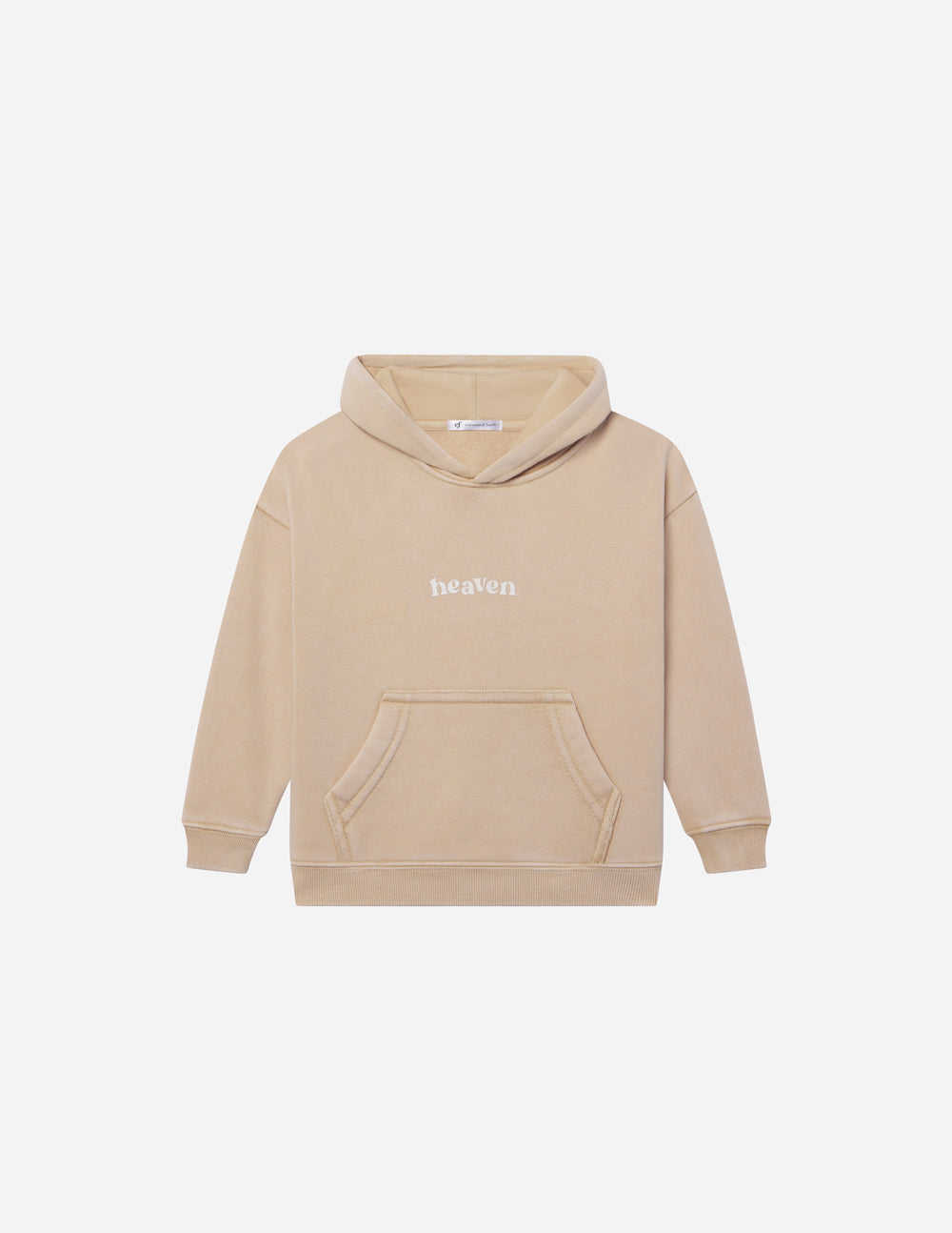 Kids tan pullover hoodie with hood and “heaven” chest logo; front pocket.