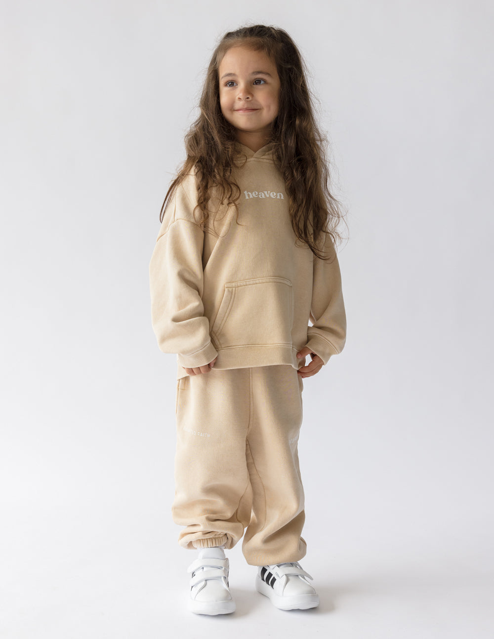 Kids tan set with matching hoodie featuring “heaven” chest logo and front pocket.