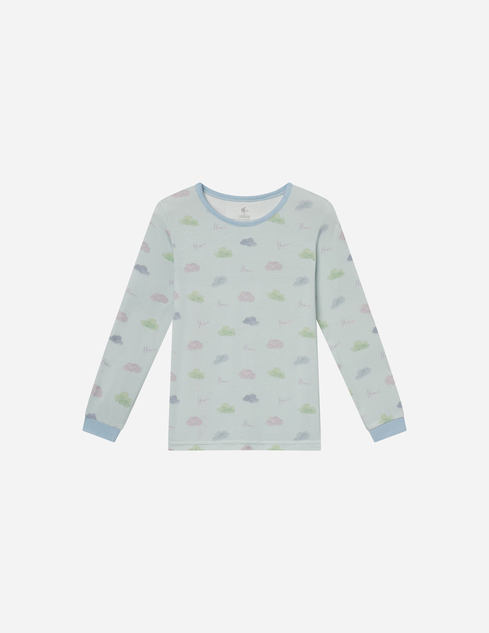 Kids long-sleeve pajama top in light blue with scattered prints and crew neckline