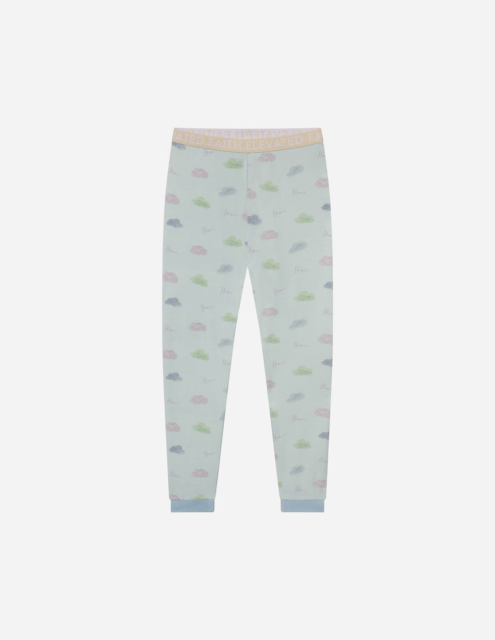 Kids pajama pants in light blue with scattered all-over print, elastic waistband