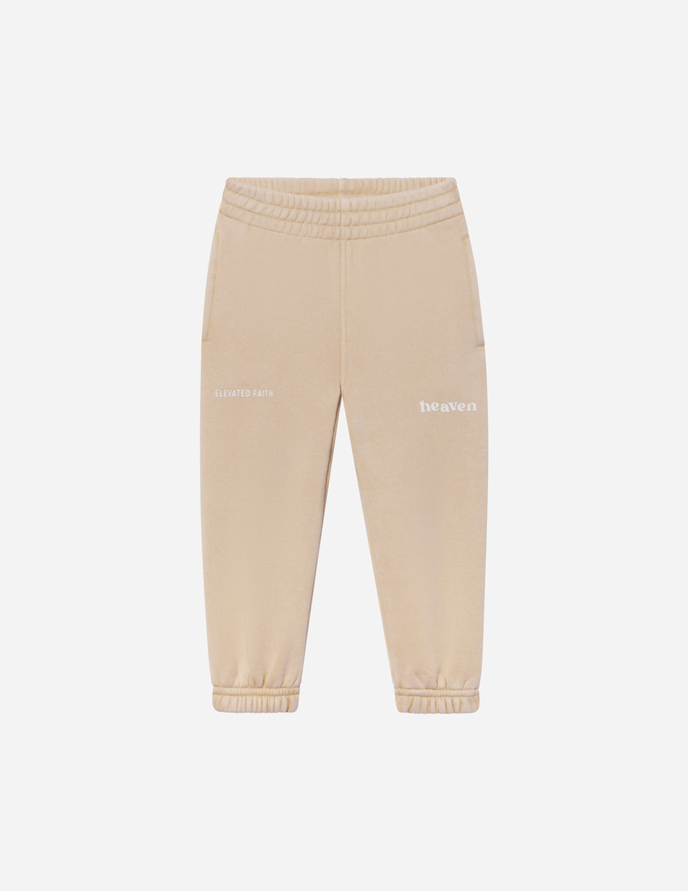 Beige kids sweatpants with 'heaven' logo on leg and elastic ankle cuffs