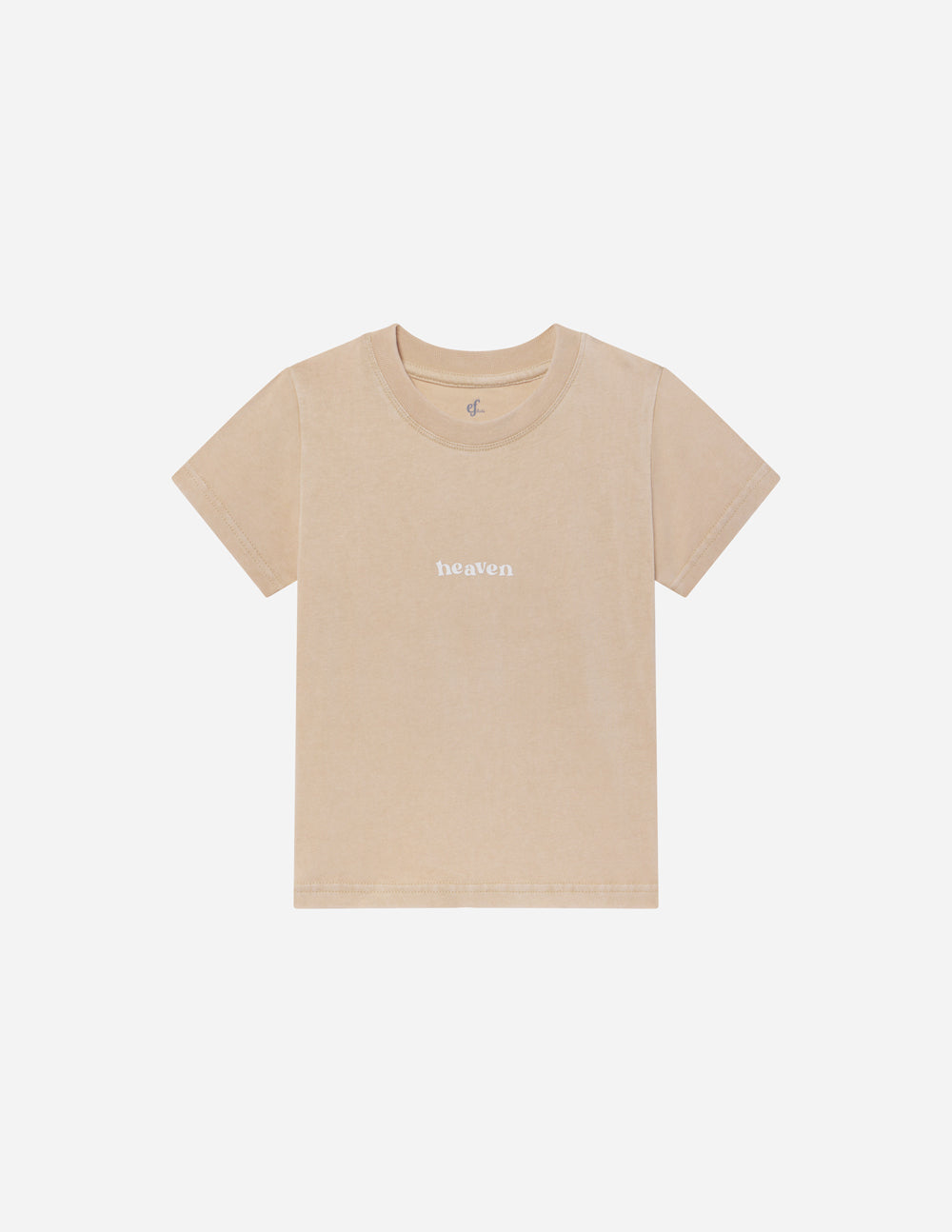 Kids tan T-shirt front view with small 'heaven' logo print, crew neck, short sleeves