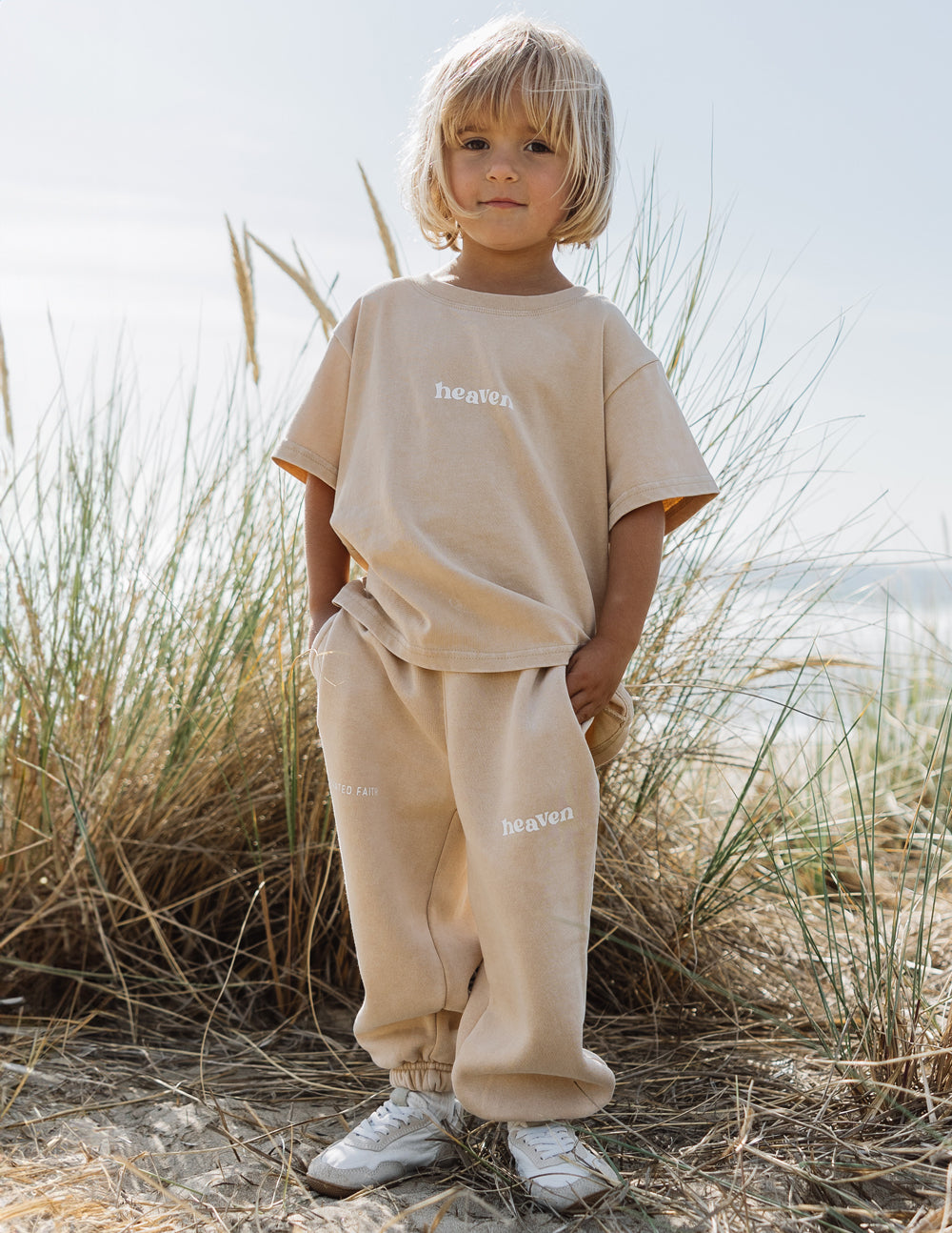 Kids tan T-shirt with 'heaven' logo print at the chest, short sleeves, crew neck