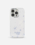Heaven Made phone case, clear white with star and moon pattern and camera cutouts