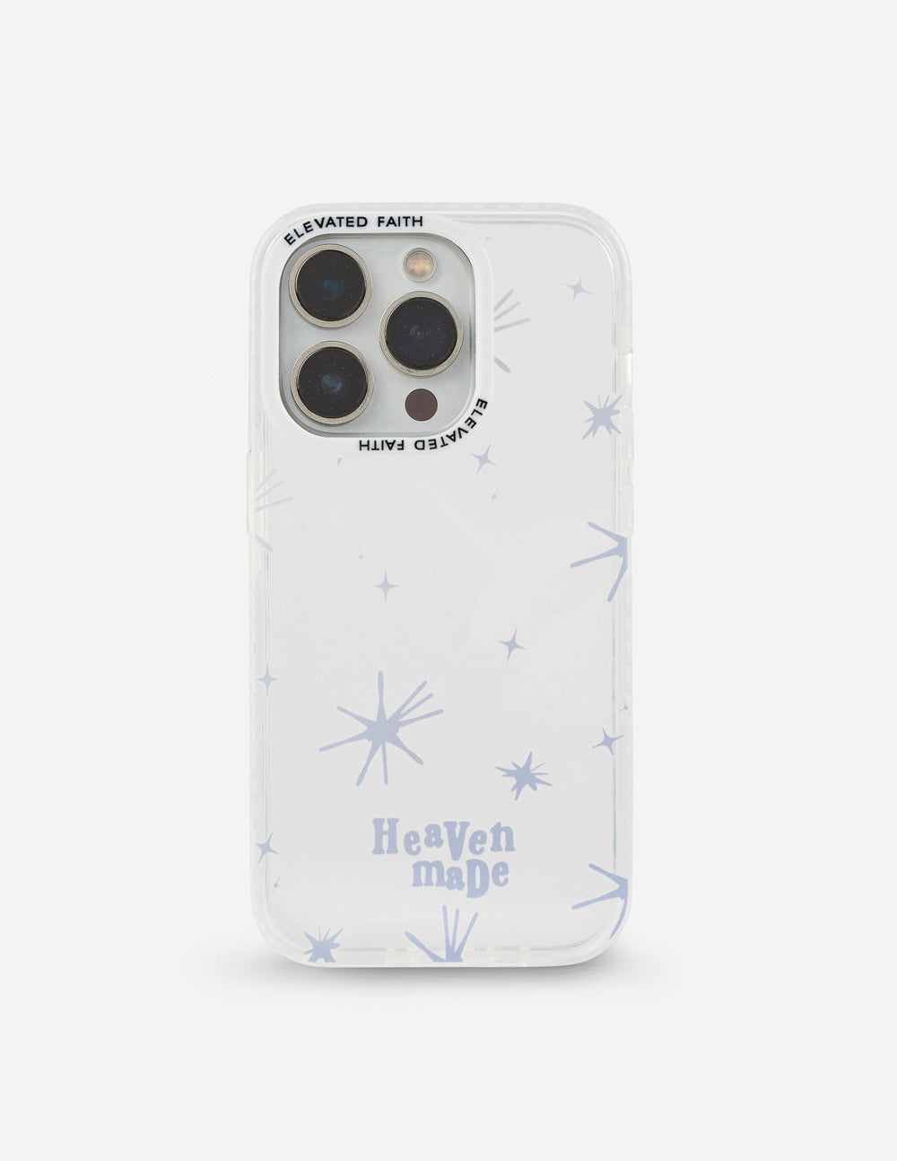 Heaven Made phone case, clear white with star and moon pattern and camera cutouts