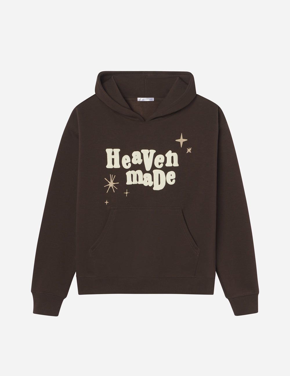Unisex dark-brown hoodie with front pocket and 'Heaven made' graphic