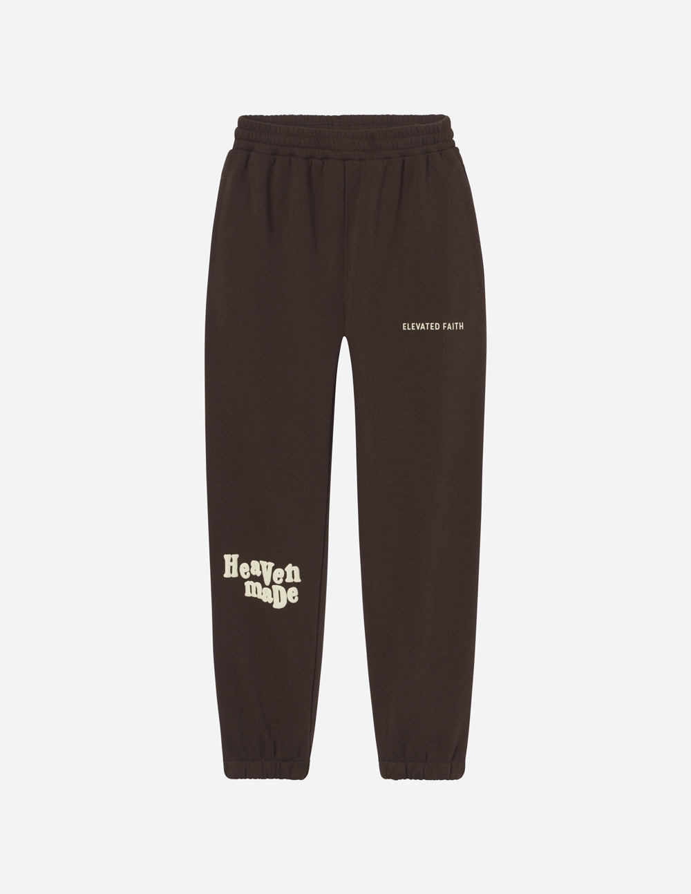 Unisex dark sweatpants, full-length with small chest text and logo on leg