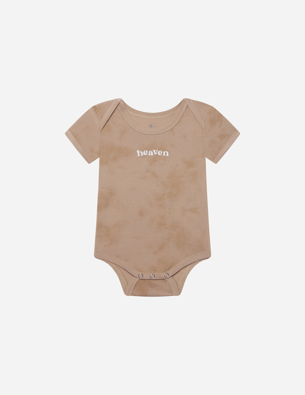 Tan baby onesie bodysuit with 'heaven' chest print, short-sleeve crew neck