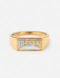 Gold rectangular signet ring with engraved HEAVEN lettering on blue enamel