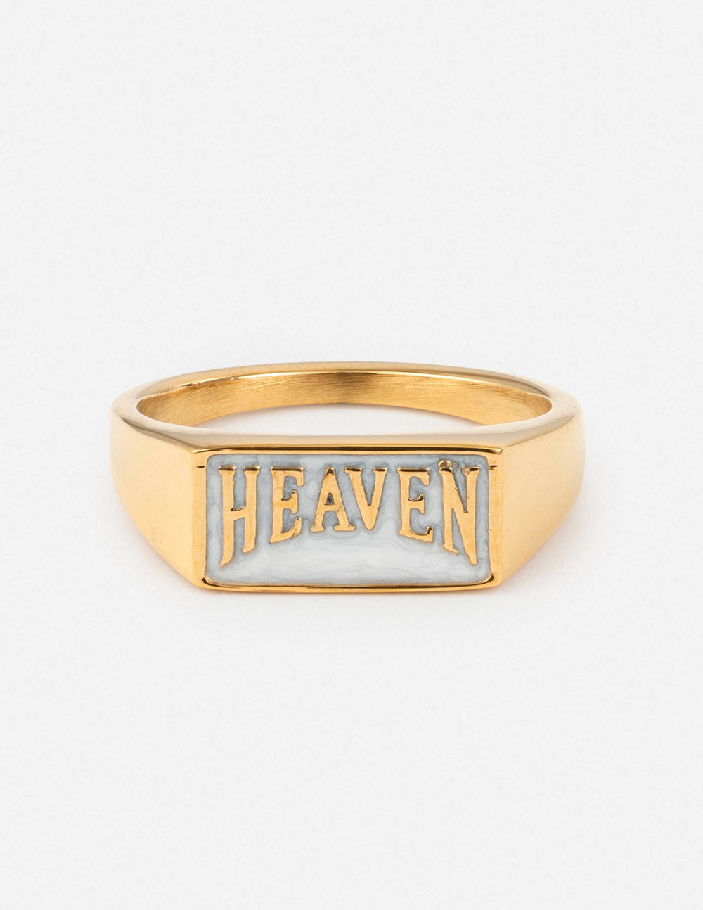Gold rectangular signet ring with engraved HEAVEN lettering on blue enamel