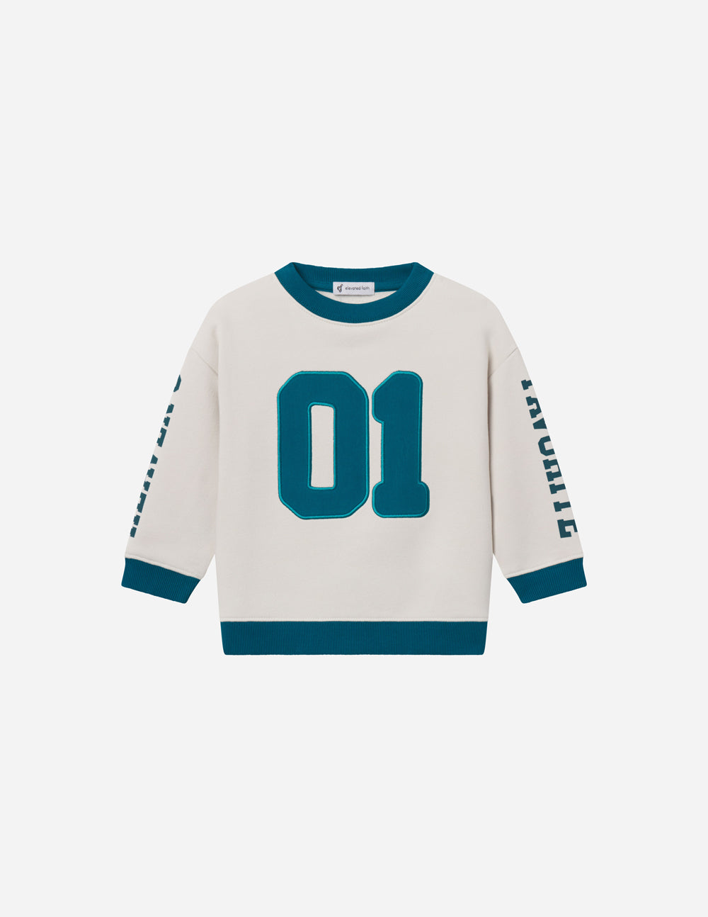 Kids crewneck sweatshirt, cream with teal collar, cuffs, and '01' graphic