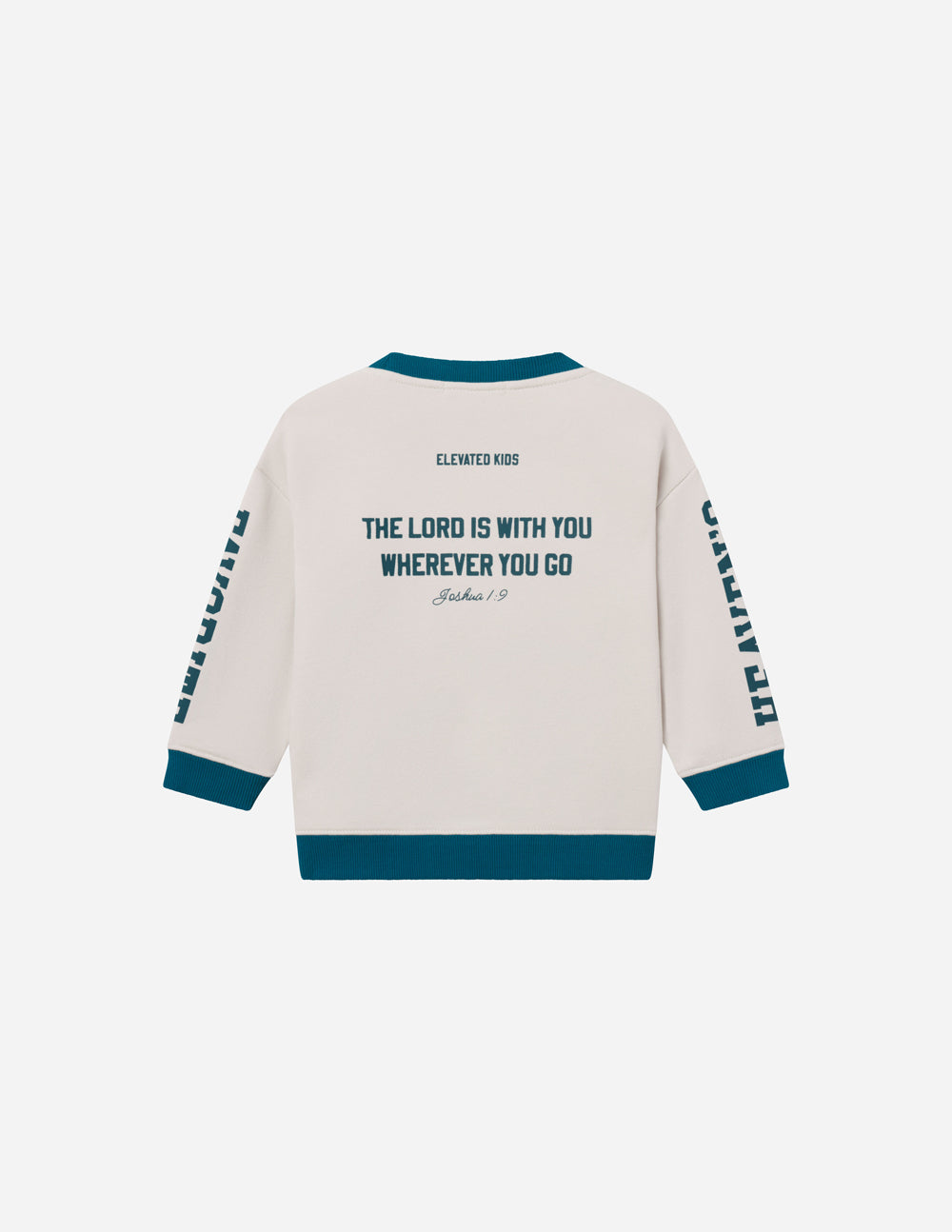 Kids crewneck sweatshirt, cream with teal hem and back scripture text