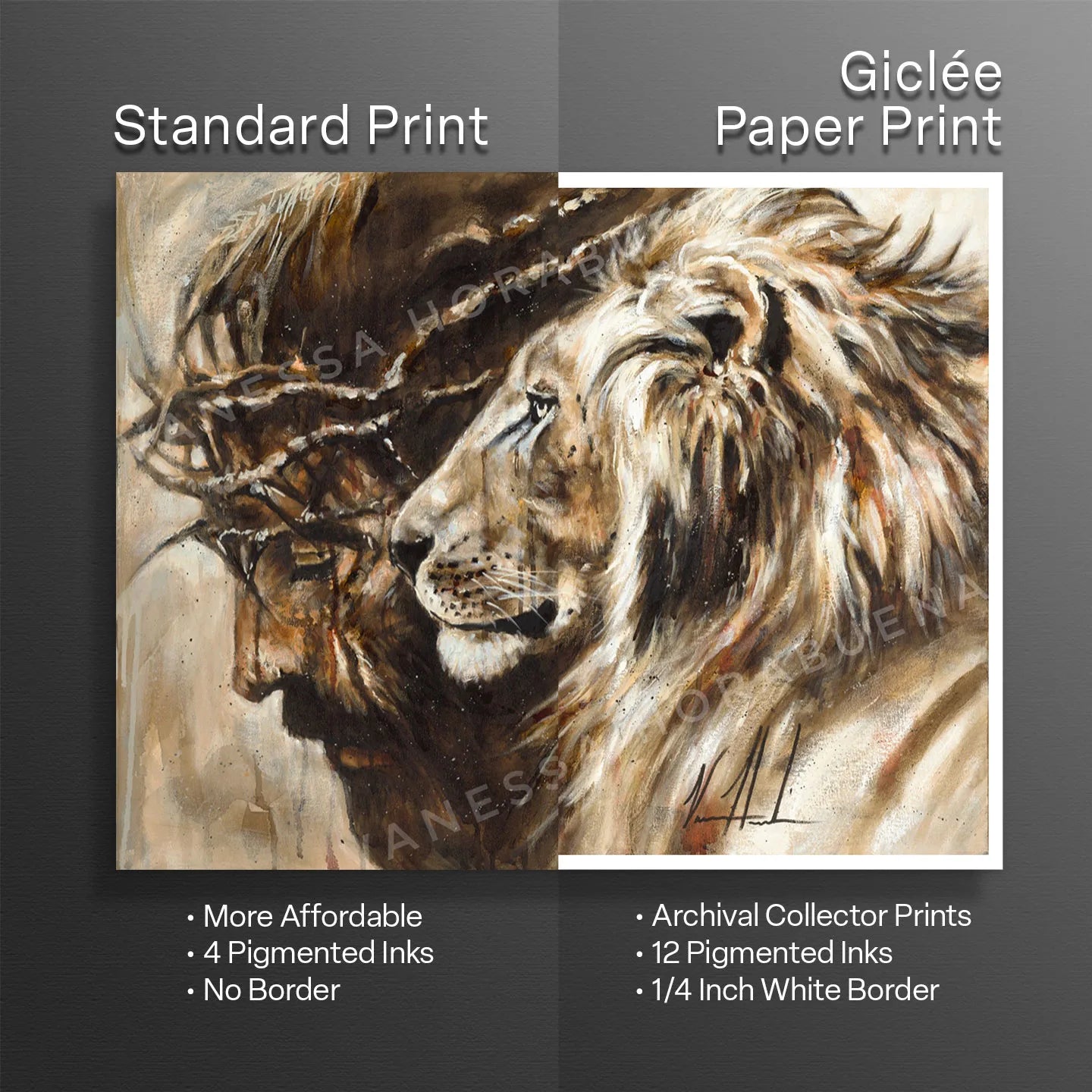 Heaven's Grace lion portrait print shown in two layouts with warm gold and brown tones