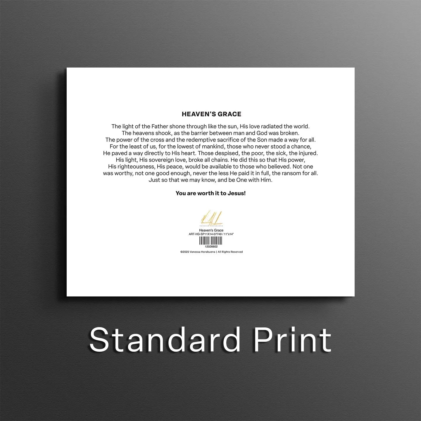 Heaven's Grace print back sheet with verse text and barcode label